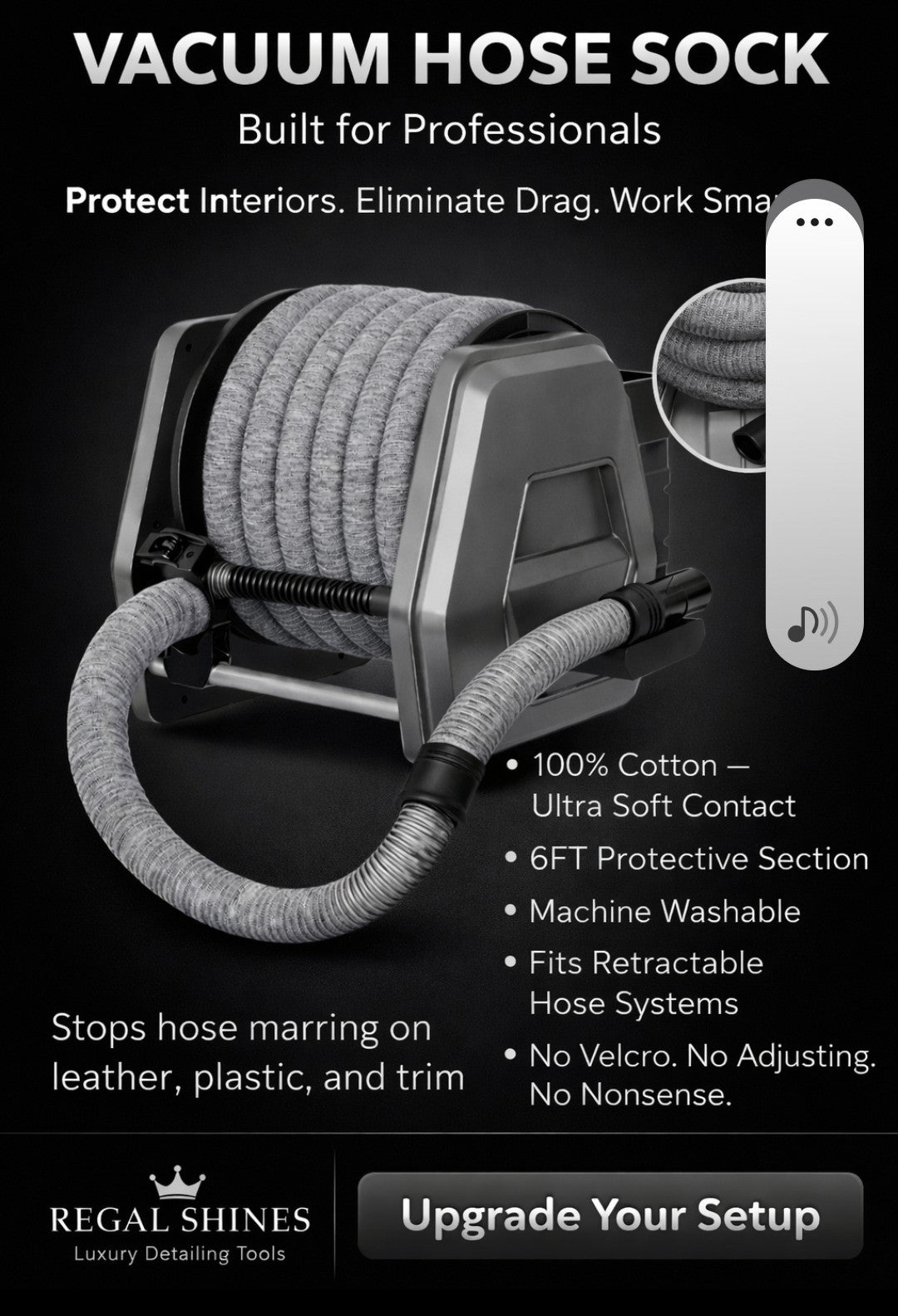 VACUUM "Sock". SOFT 6 foot knit section that fits all size hoses. ONLY VAC HOSE PROTECTION THAT WORKS WITH SELF RETRACTING REELS