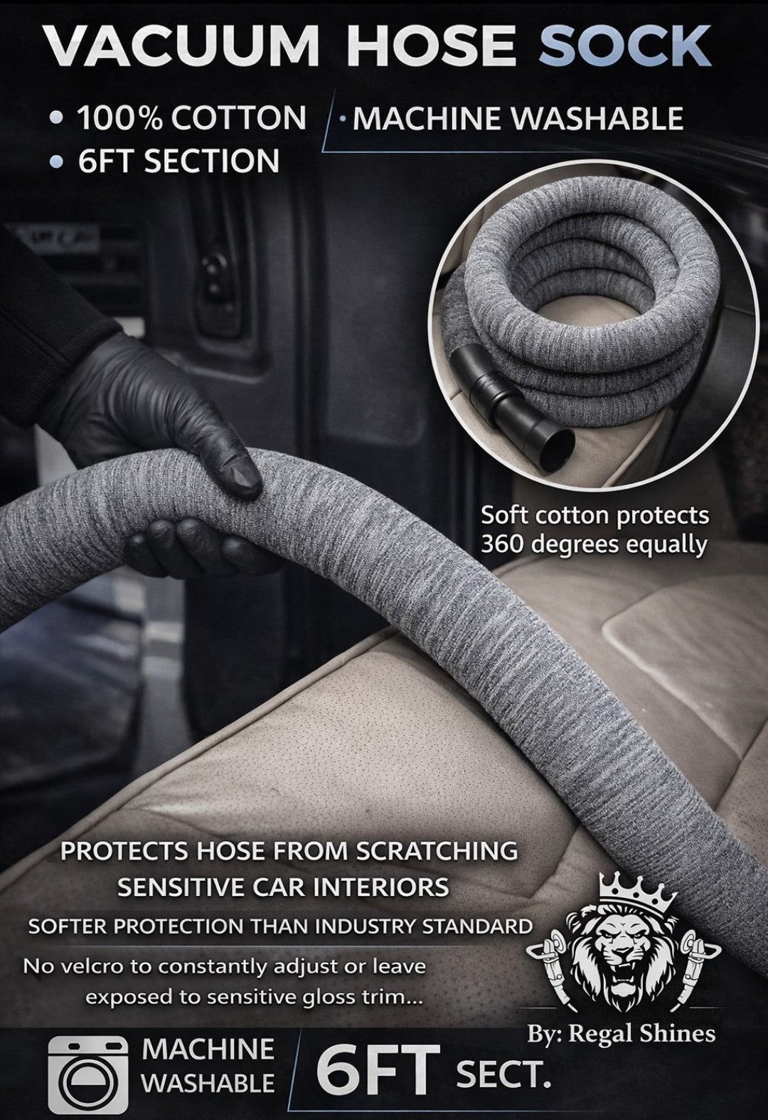 VACUUM "Sock". SOFT 6 foot knit section that fits all size hoses. ONLY VAC HOSE PROTECTION THAT WORKS WITH SELF RETRACTING REELS
